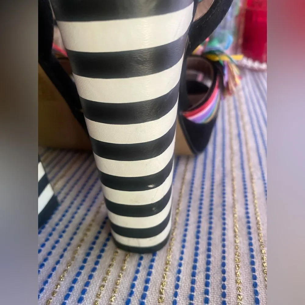 BETSEY JOHNSON 1970s Style Striped Pom Pom Platform Heels size 5.5